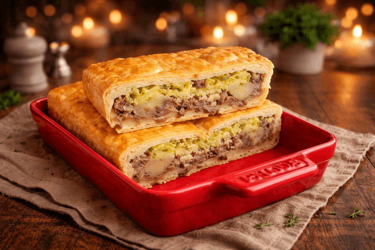 Minced meat, potato and pesto pie