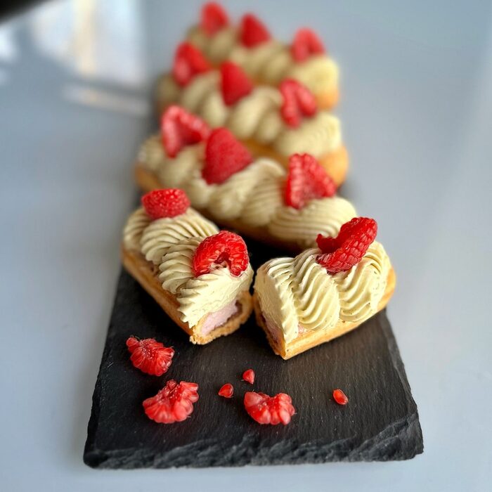 Raspberry pistachio eclair