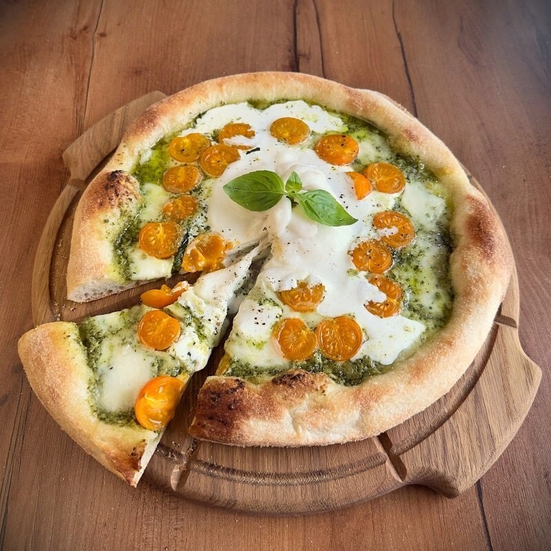 Yellow Cherry with Burrata pizza