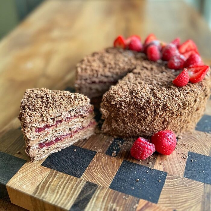 Chocolate Napoleon cake with raspberry-strawberry layer