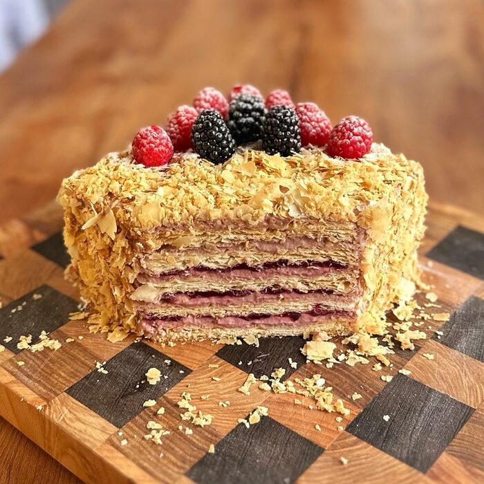 Napoleon cake with tender flaky layers, hero image for the Napoleon Cakes course