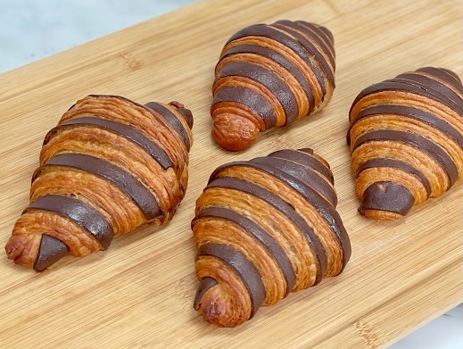 Two-tone chocolate croissants with striped cocoa dough