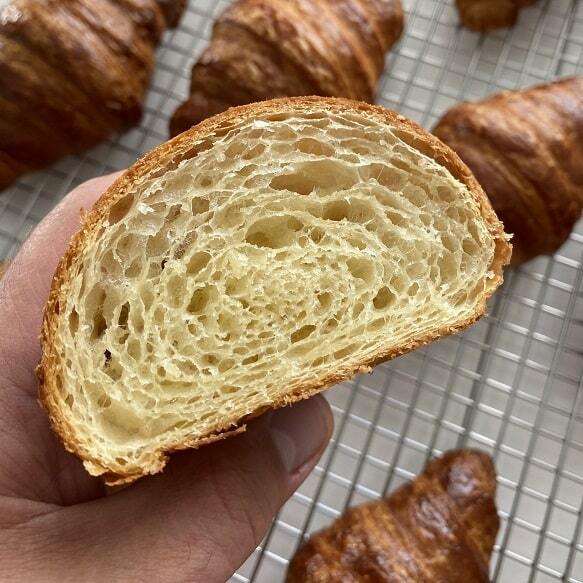 Croissants with open honeycomb layers from the Croissants and Laminated Pastry course