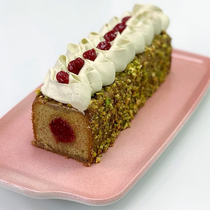 Pistachio loaf cake with sour cherry filling