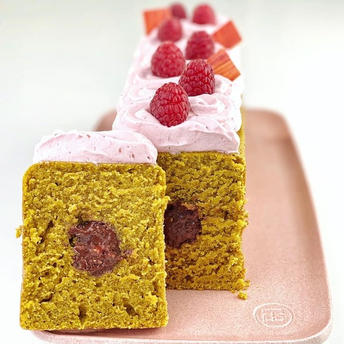 Pumpkin loaf cake with raspberry chantilly