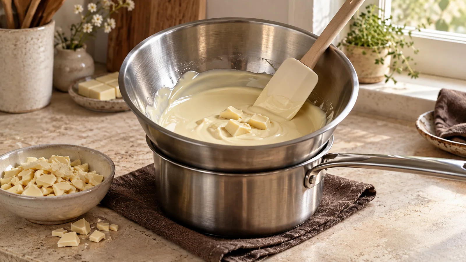 White chocolate melting in a metal bowl over a saucepan, with a spatula and chopped chocolate nearby