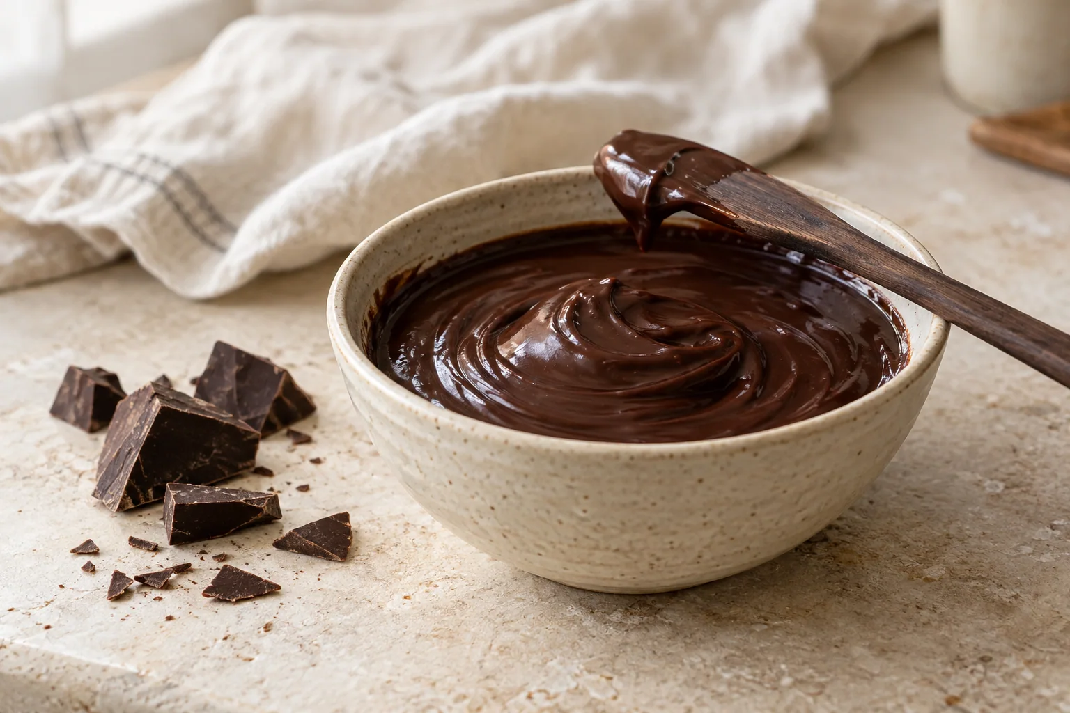 A cream ceramic bowl of smooth chocolate ganache with a wooden spatula and dark chocolate pieces