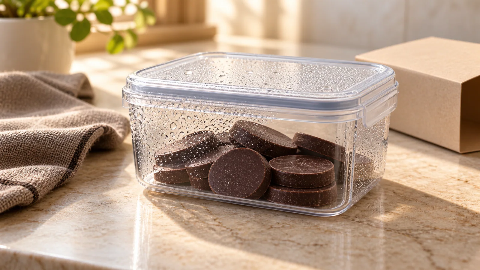 Condensation visible on a closed clear container holding chocolate