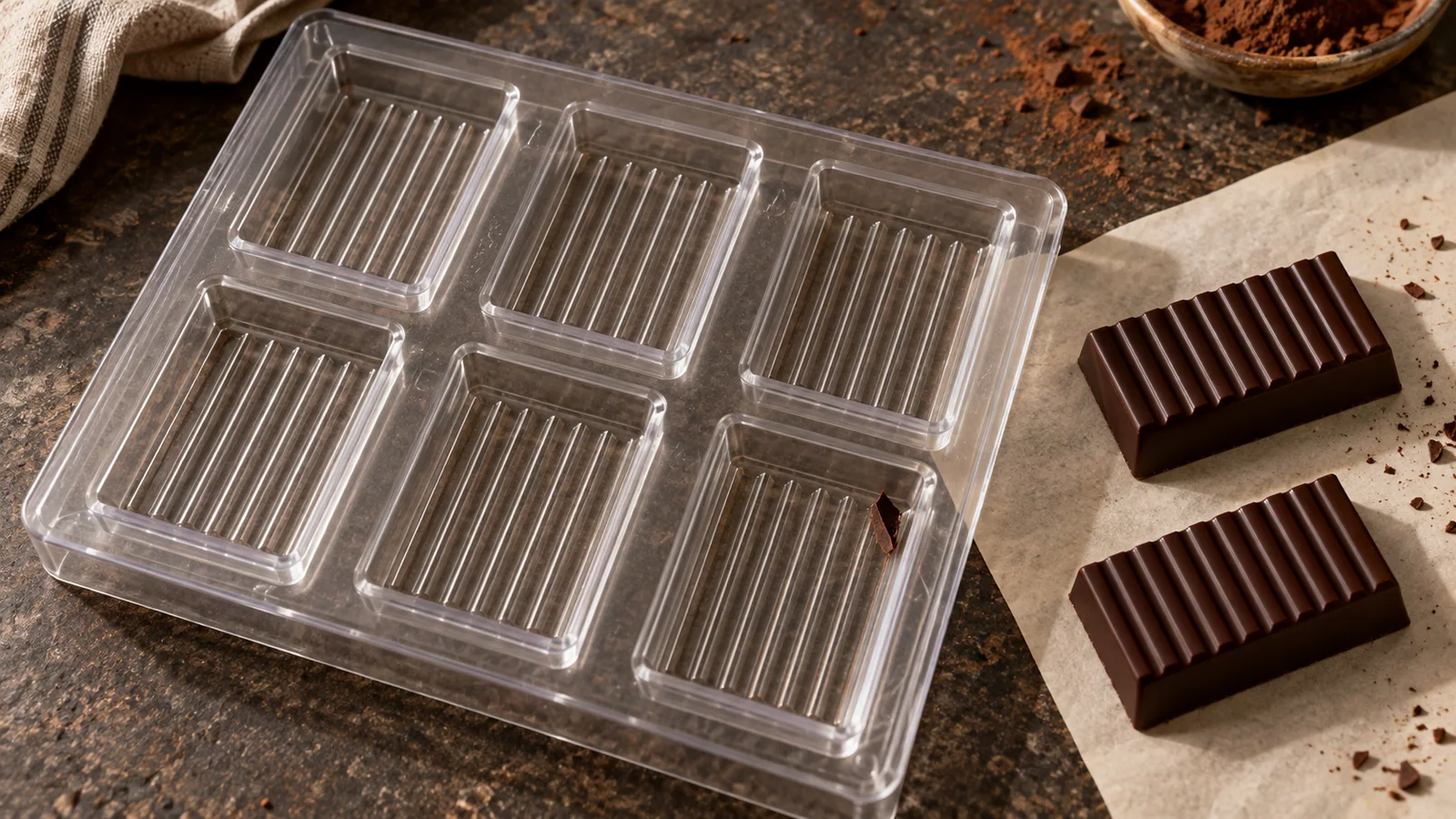 An empty clear chocolate mould with a small stuck fragment and two finished bars beside it