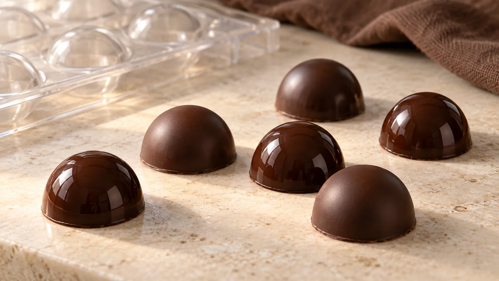 Six dark chocolate bonbons with glossy and matte surfaces beside a clear mould