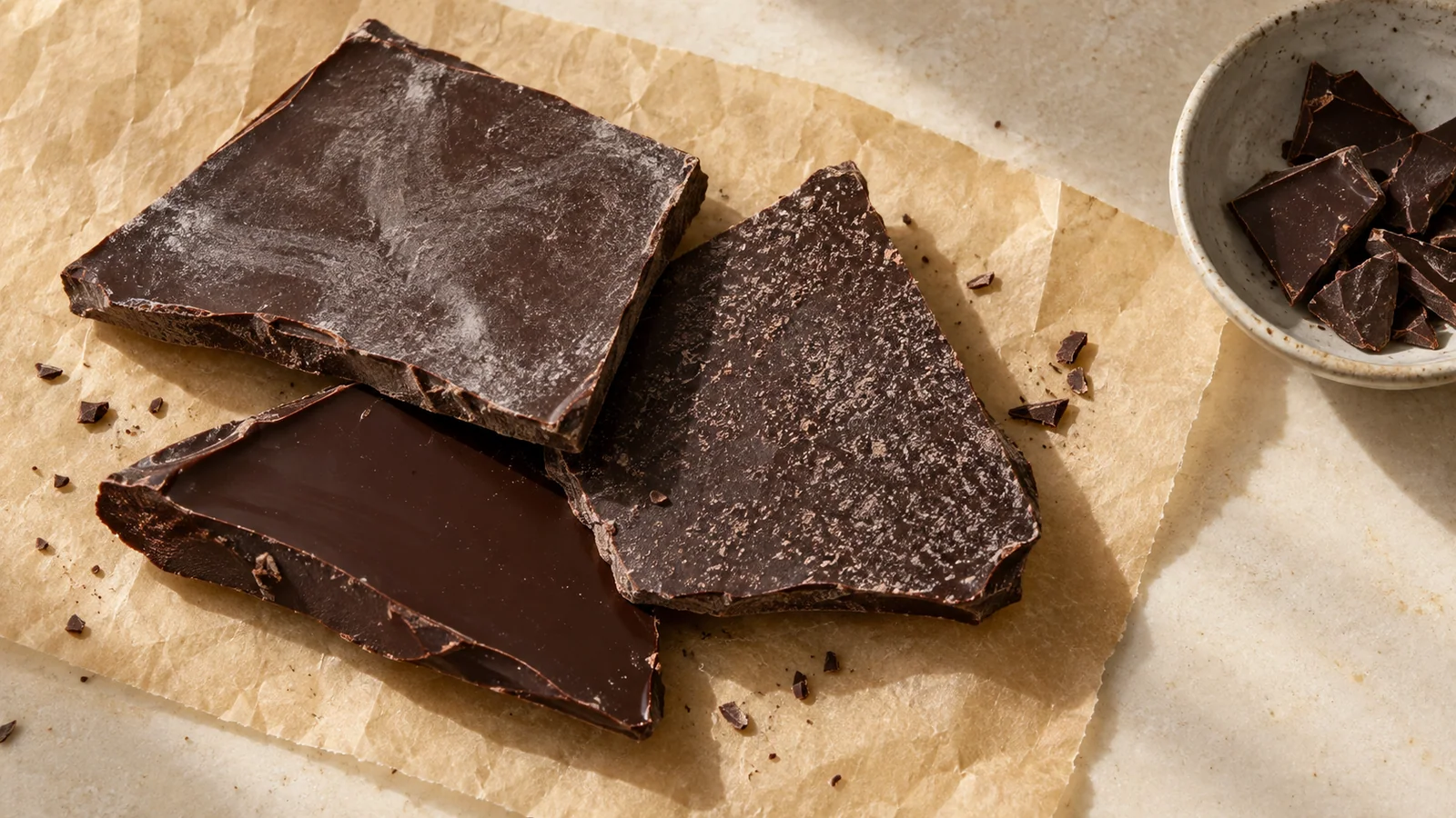 Broken dark chocolate slabs with pale surface haze and speckling on parchment