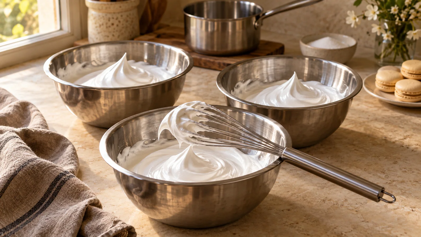 Three metal bowls of white meringue with a whisk, saucepan and finished macarons nearby