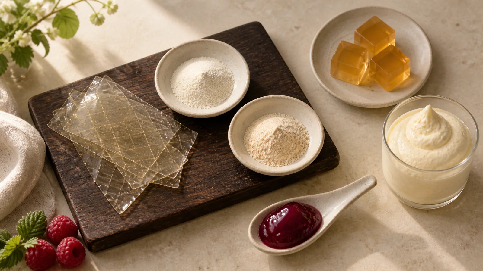 Gelatin sheets and two powder samples beside gel cubes, fruit gel and a pale mousse