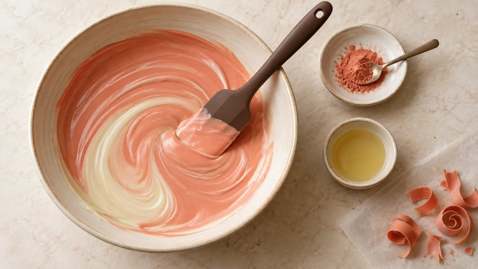Coral colour being mixed into white chocolate beside small ingredient dishes and chocolate curls