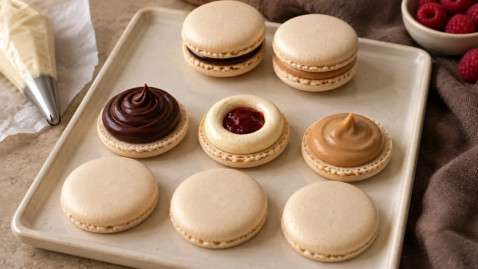 Open macaron shells with chocolate, cream-and-fruit and caramel-coloured fillings