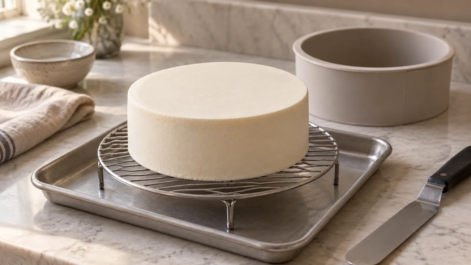 A plain unglazed mousse cake on a rack over a tray, with a round mould behind it