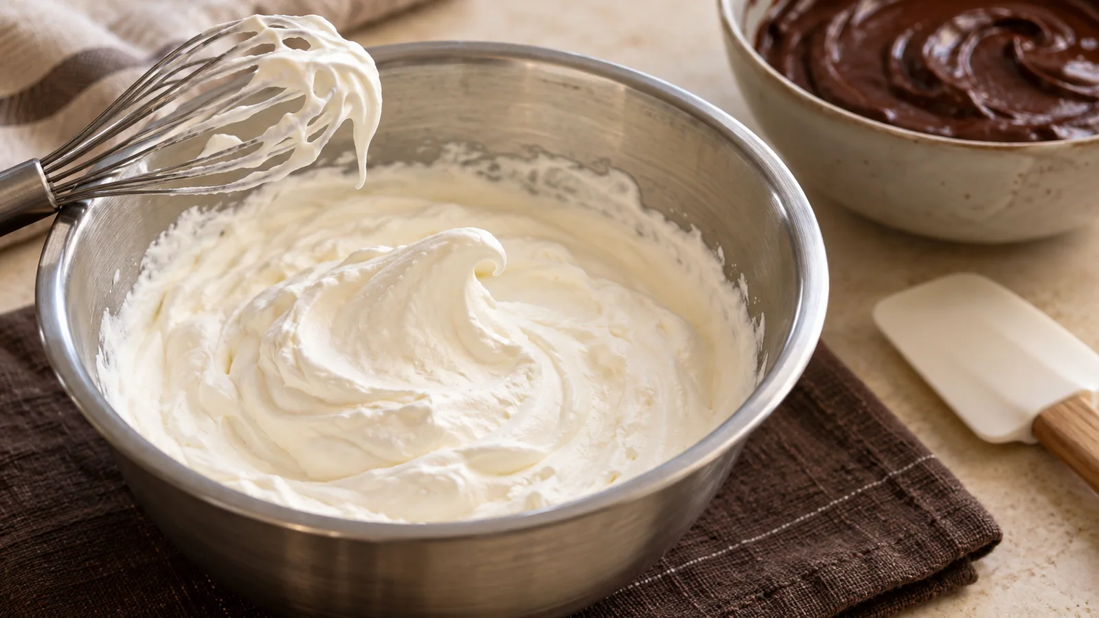 Whipped cream with a curved peak in a metal bowl beside a chocolate base
