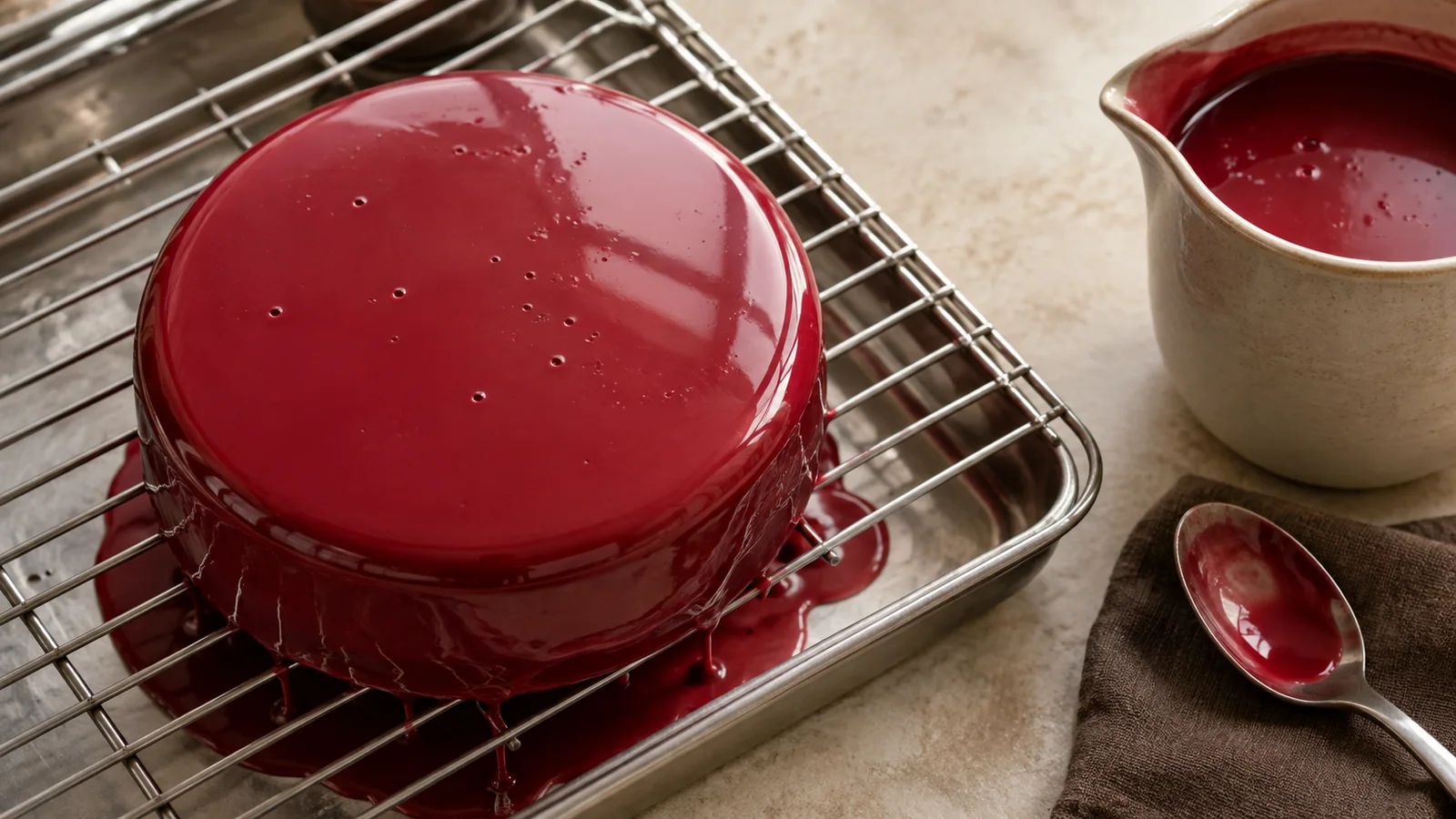 Small pinholes in raspberry-coloured mirror glaze on a cake above a drip tray