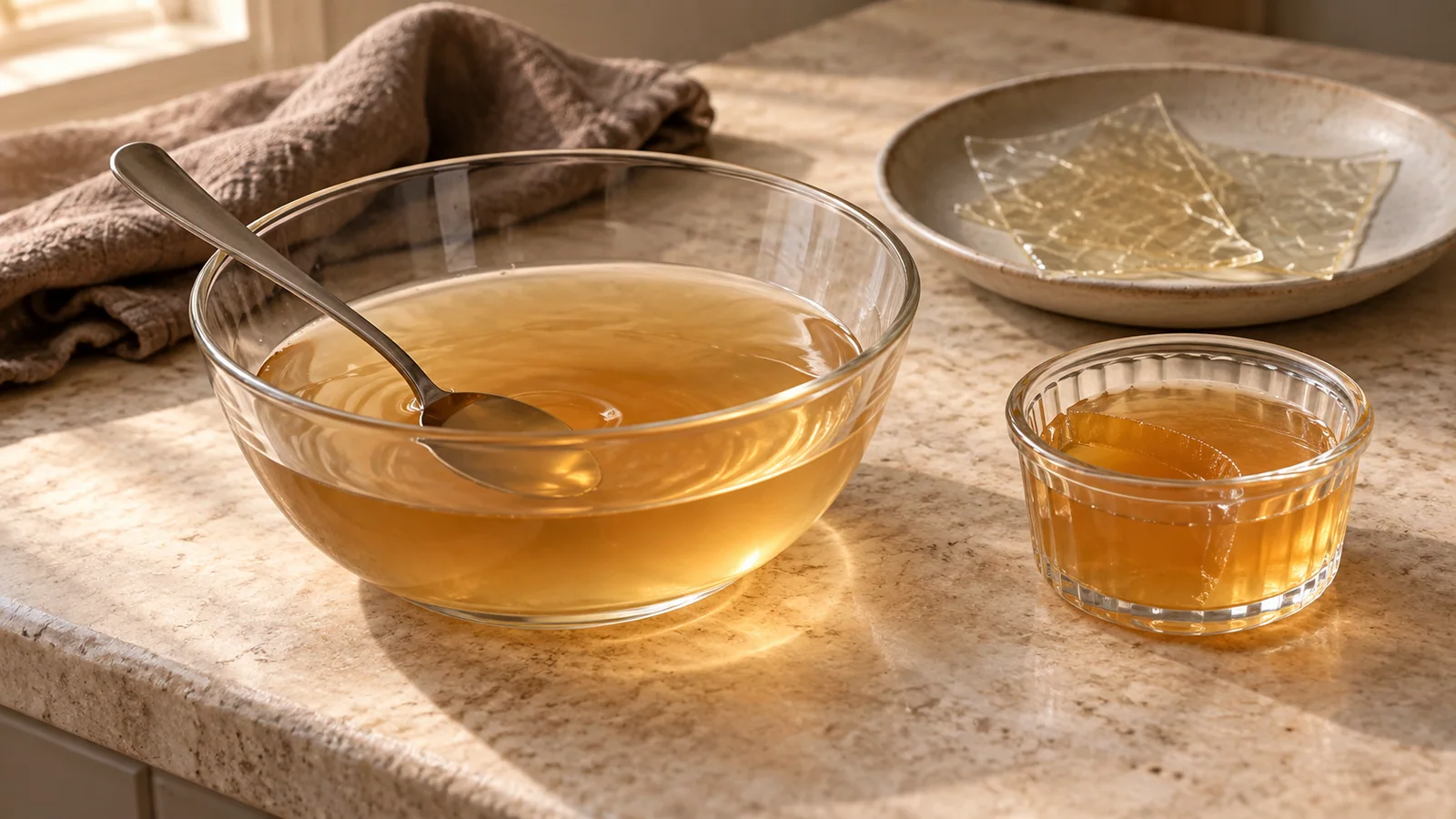 A bowl of liquid amber mixture beside a set gel sample and gelatin sheets