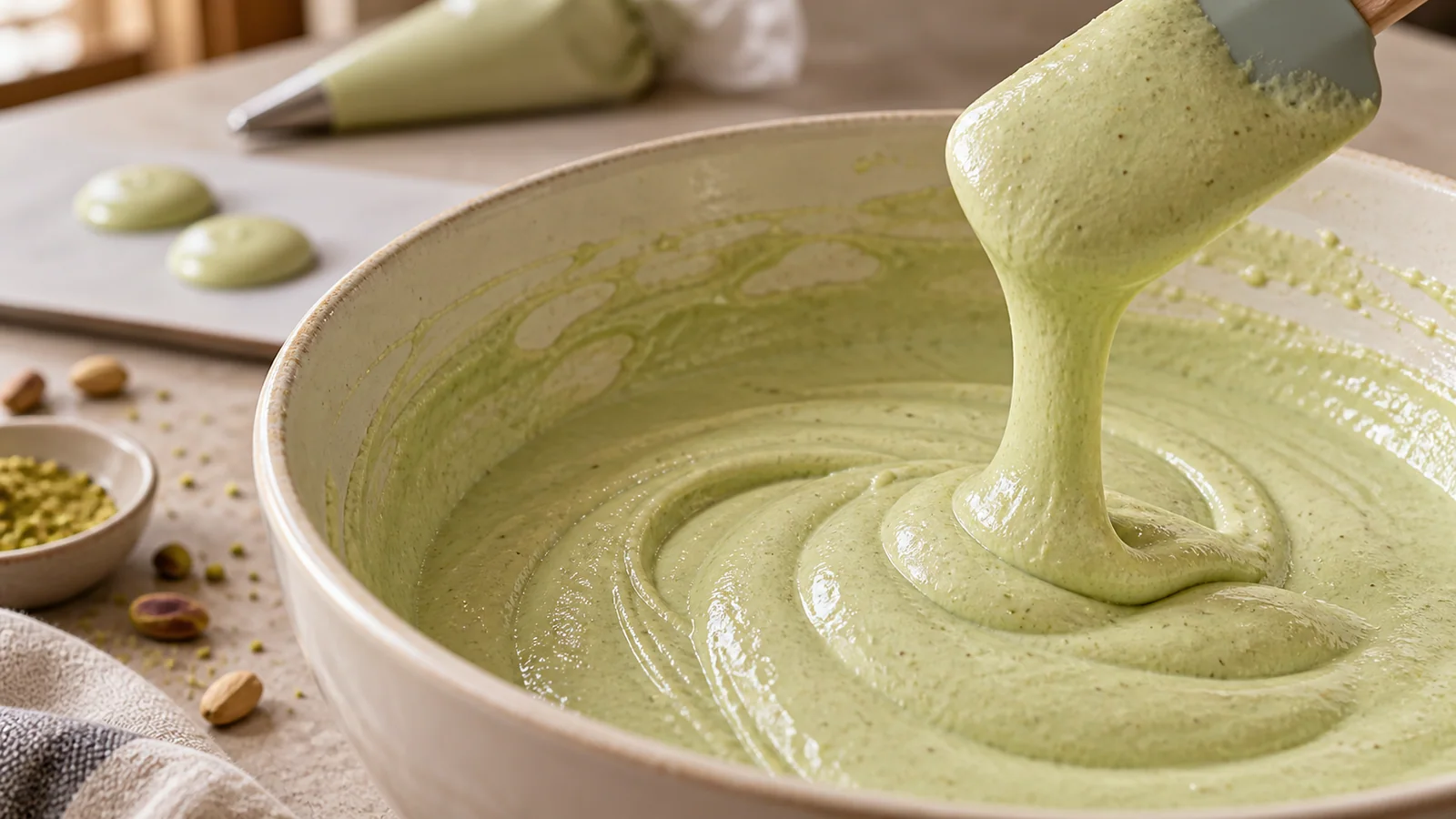 A broad ribbon of pale green macaron batter falling from a spatula into a bowl