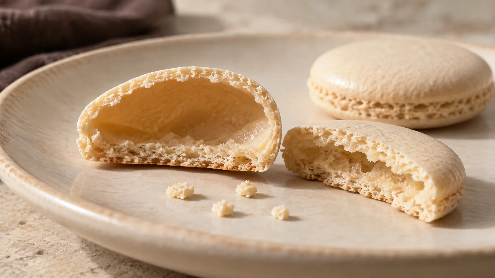 Two broken macaron shell halves showing air gaps beneath their tops