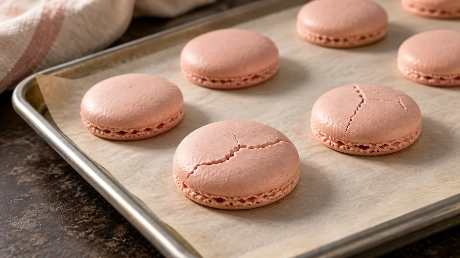 Unfilled pink macaron shells with cracked tops on a parchment-lined baking tray