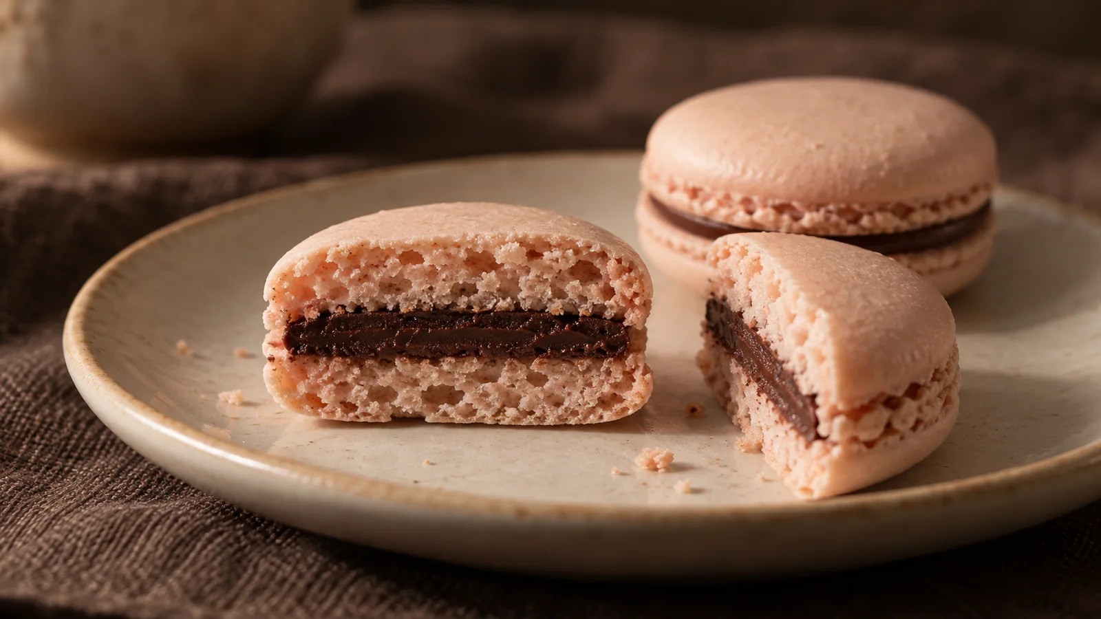 A halved pink macaron showing chocolate filling between two baked shells