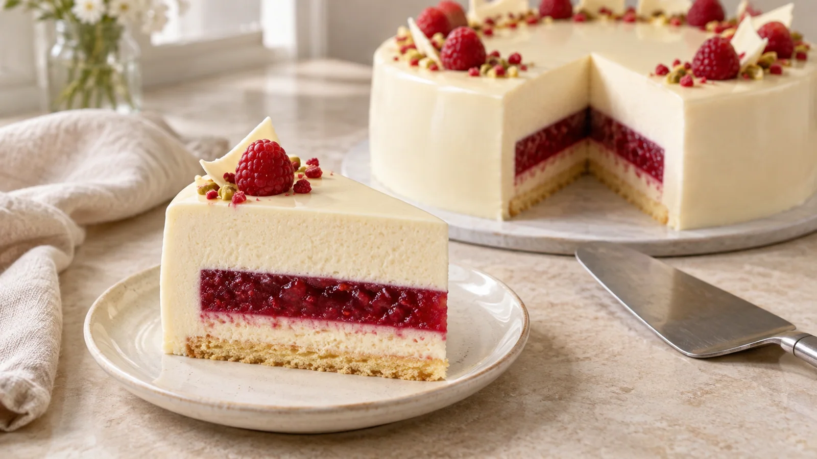 A slice of ivory mousse cake showing a red fruit insert and a golden sponge base