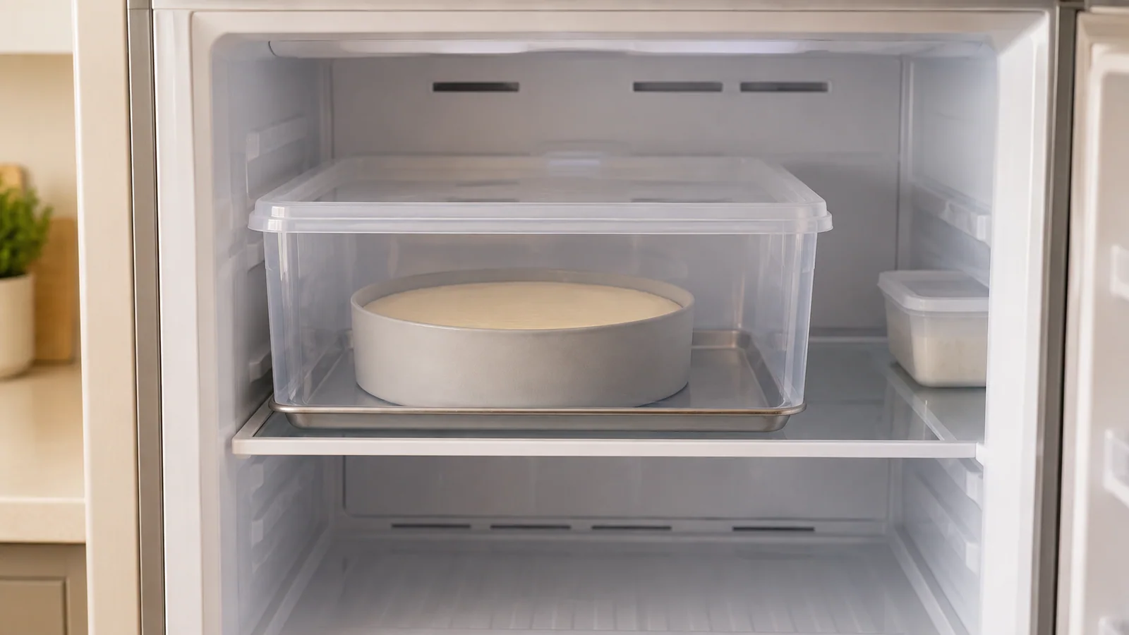 A round mousse mould protected by a clear cover on a level tray inside a freezer