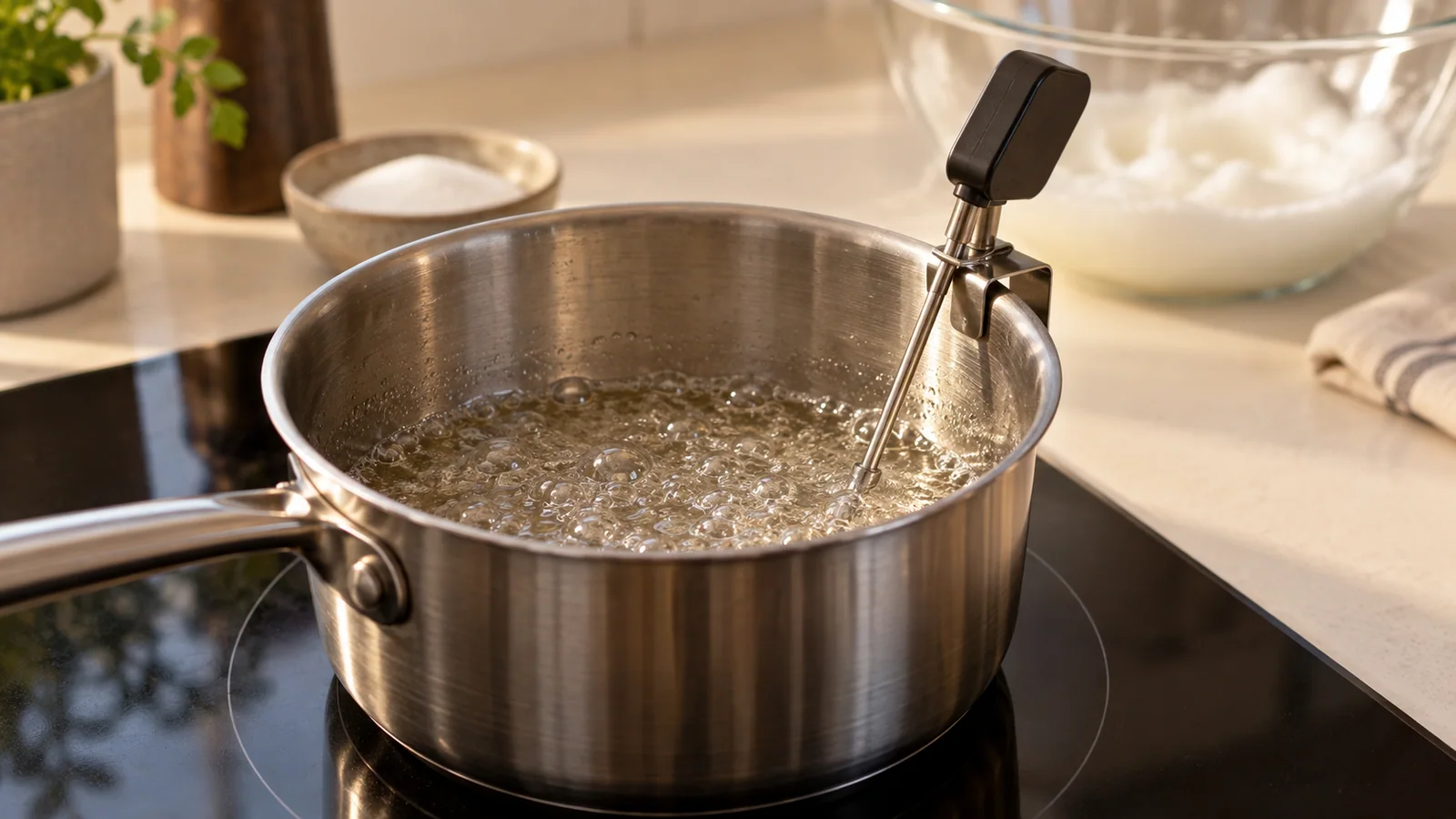 Sugar syrup in a stable saucepan with a clipped probe thermometer