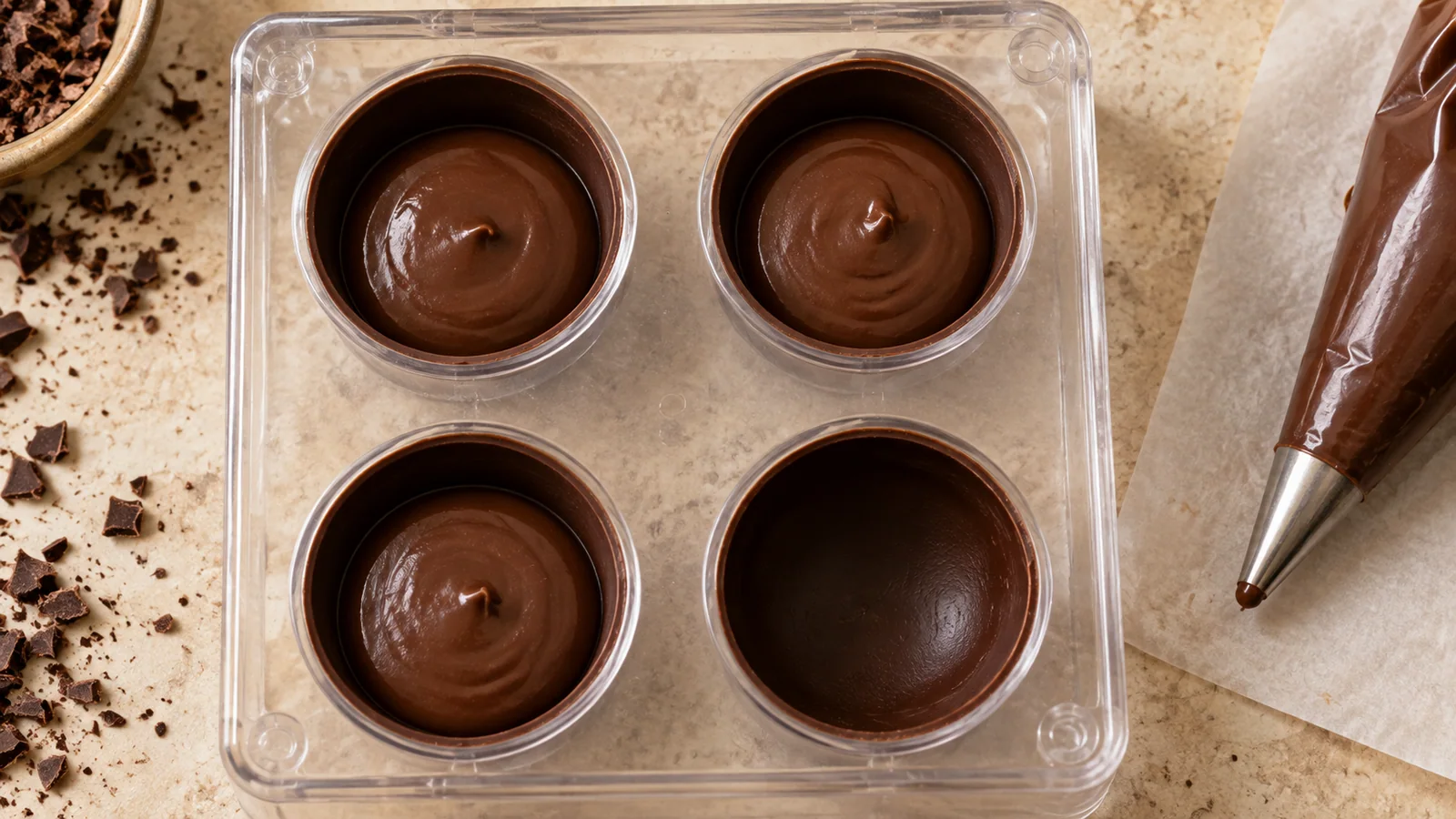 Ganache being added to open chocolate shells with their rims still clear