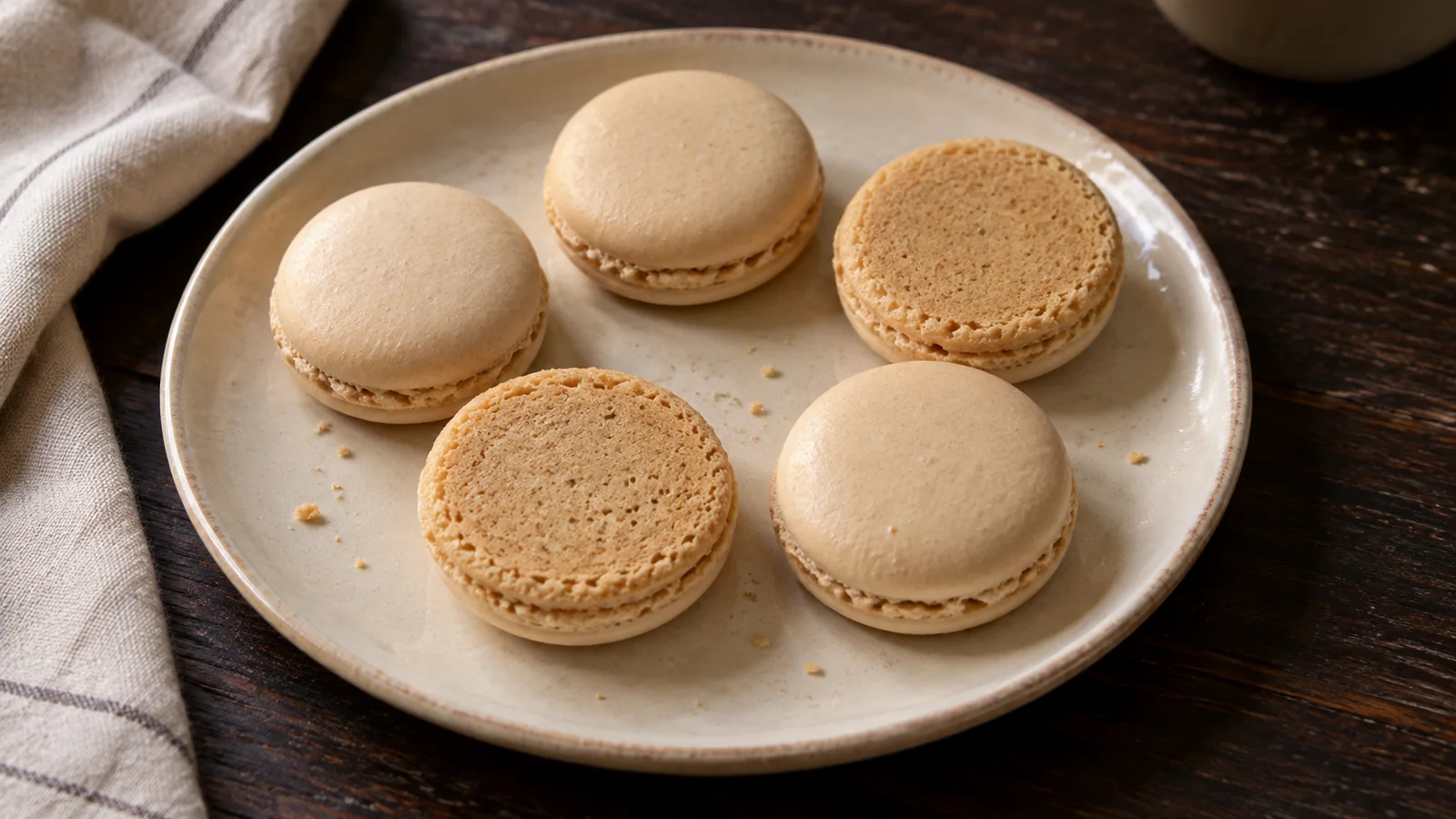 Cooled macaron shells turned over to inspect their flat baked bases