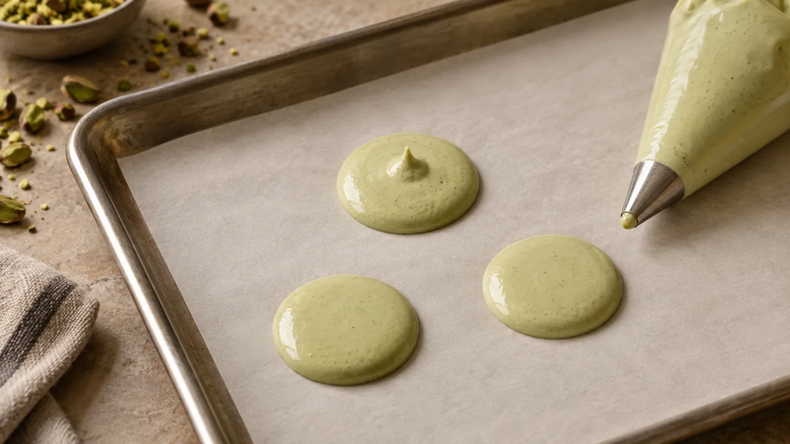 Small piped batter tests settling on parchment while retaining defined edges