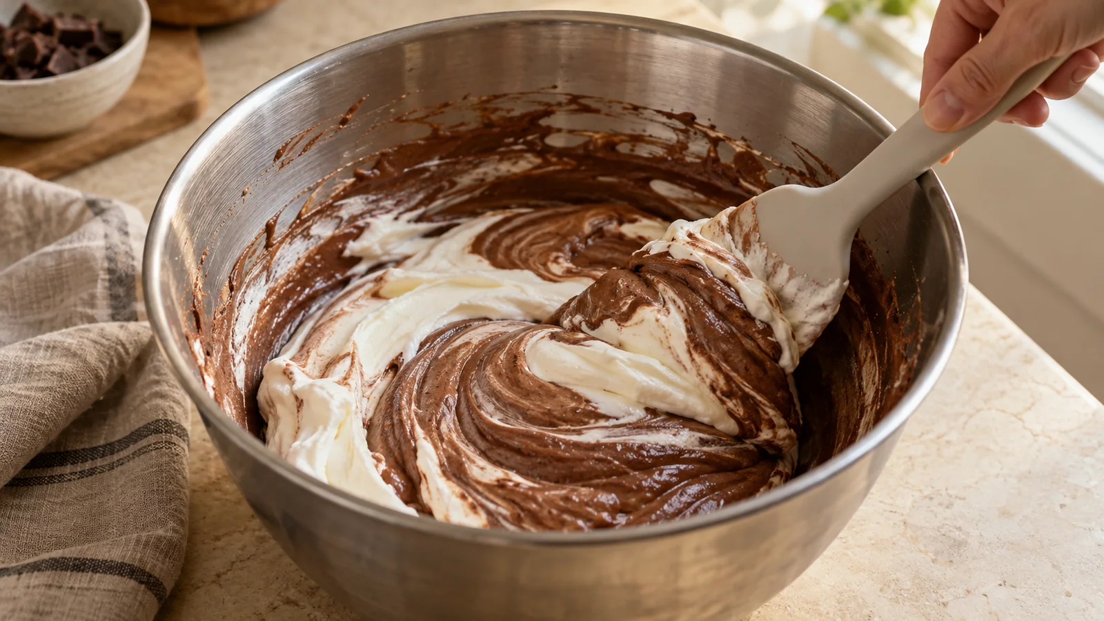 A silicone spatula folding chocolate mousse base through white whipped cream in a steel bowl