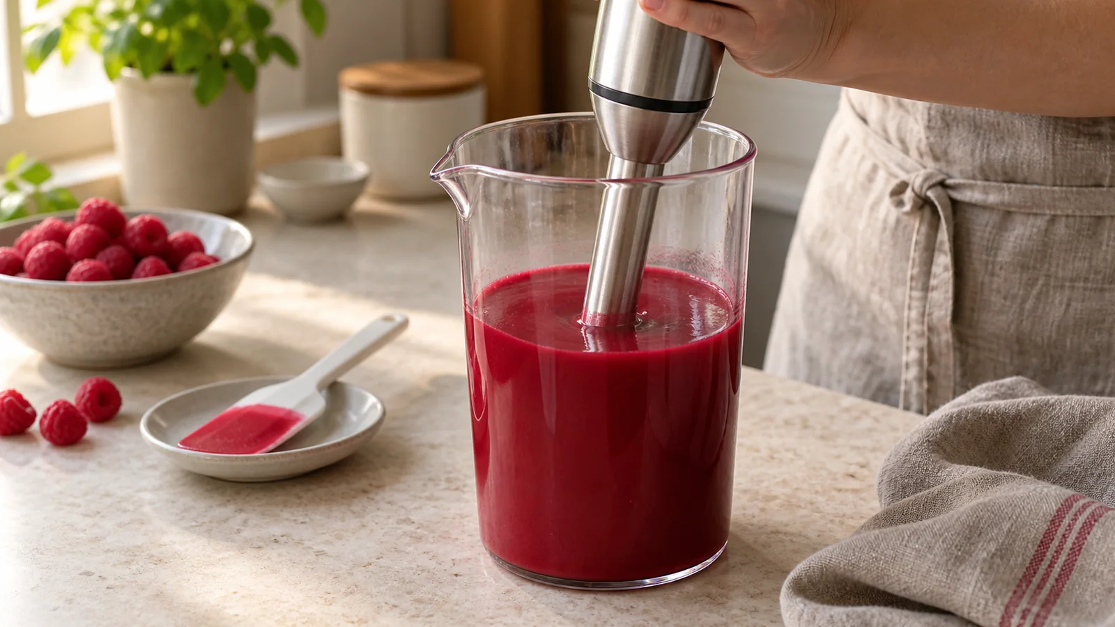 An immersion blender held with its head submerged in red glaze inside a tall jug
