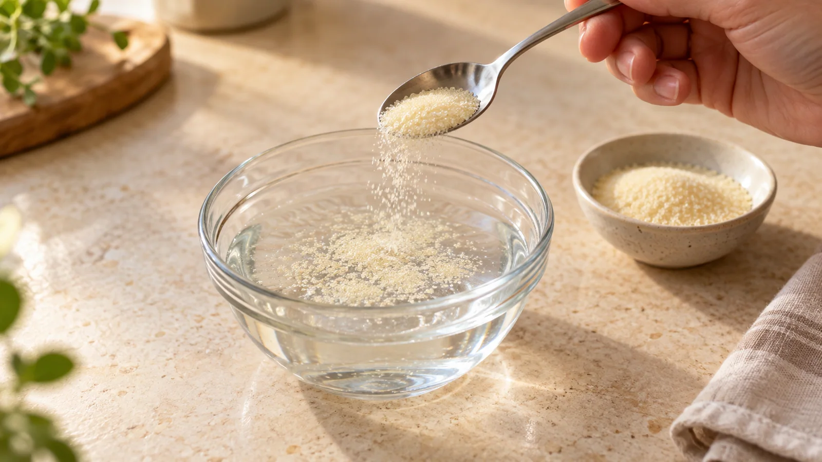 Powdered gelatin being sprinkled from a spoon over water in a glass bowl
