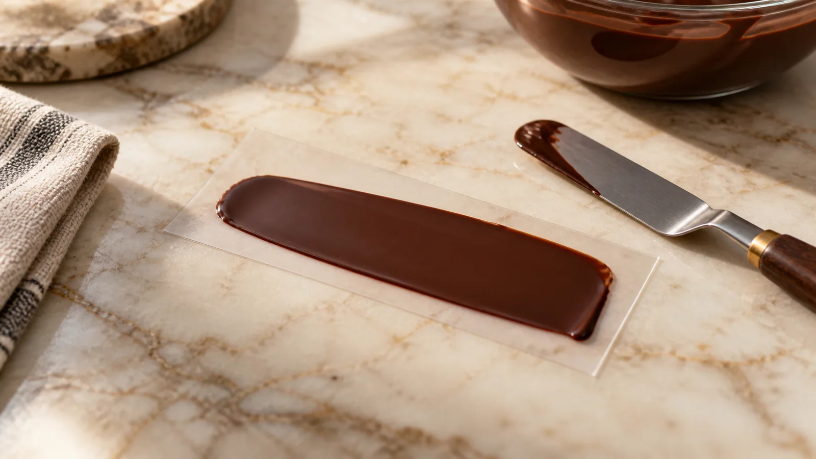 A thin chocolate temper test on a clean acetate strip beside a palette knife