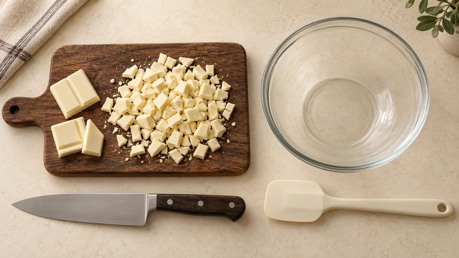 Evenly chopped white chocolate beside a clean dry bowl and spatula