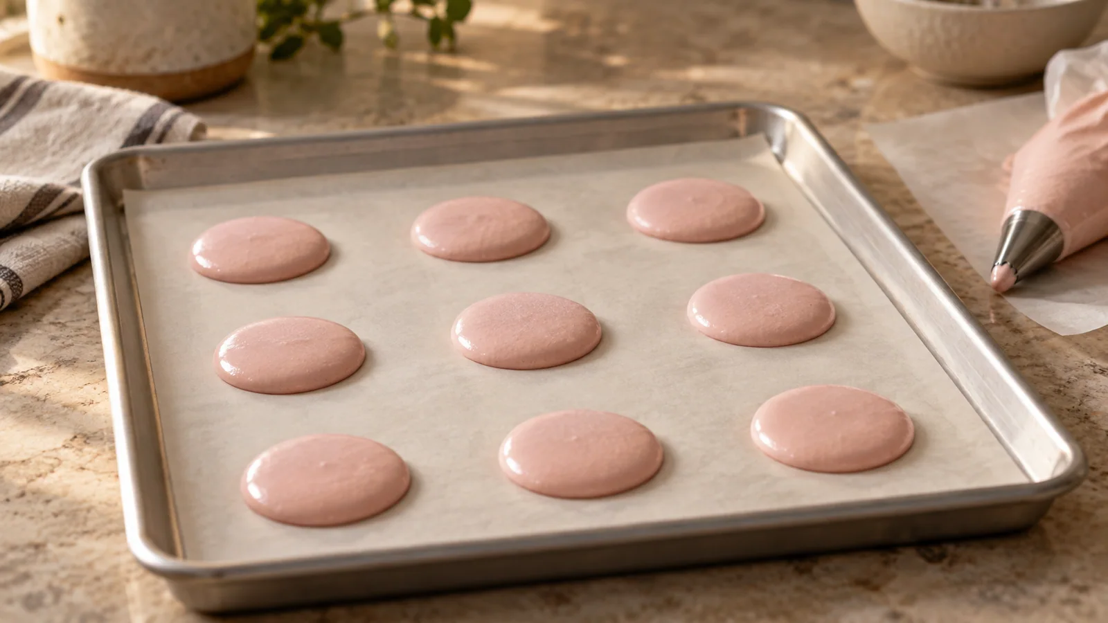 Unbaked macaron rounds resting on a parchment-lined tray before baking