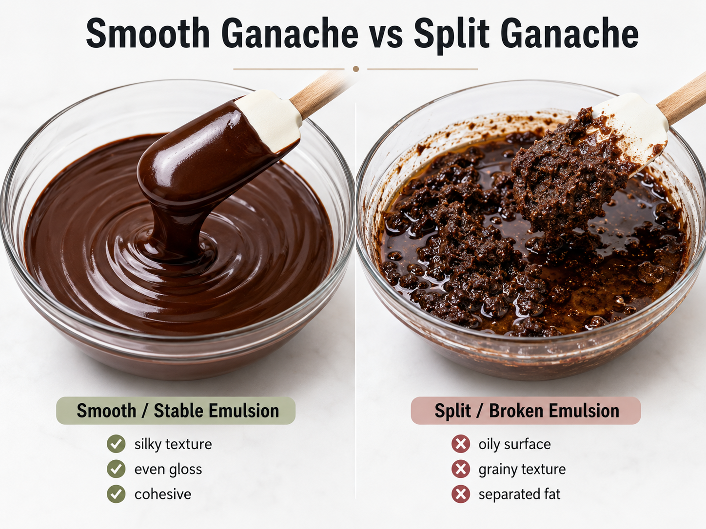 Generated illustration comparing glossy ganache with an oily, visibly separated mixture