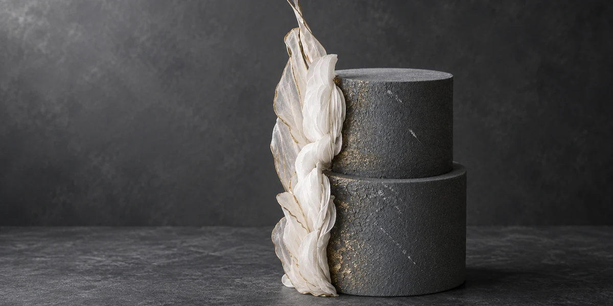 Round tiered cake with a smooth grey finish and white decoration