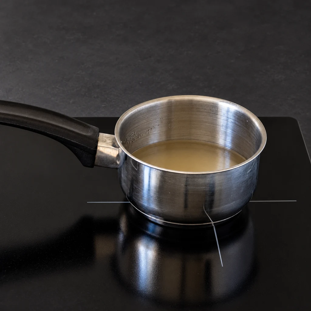 Clear sugar syrup heating in a small saucepan