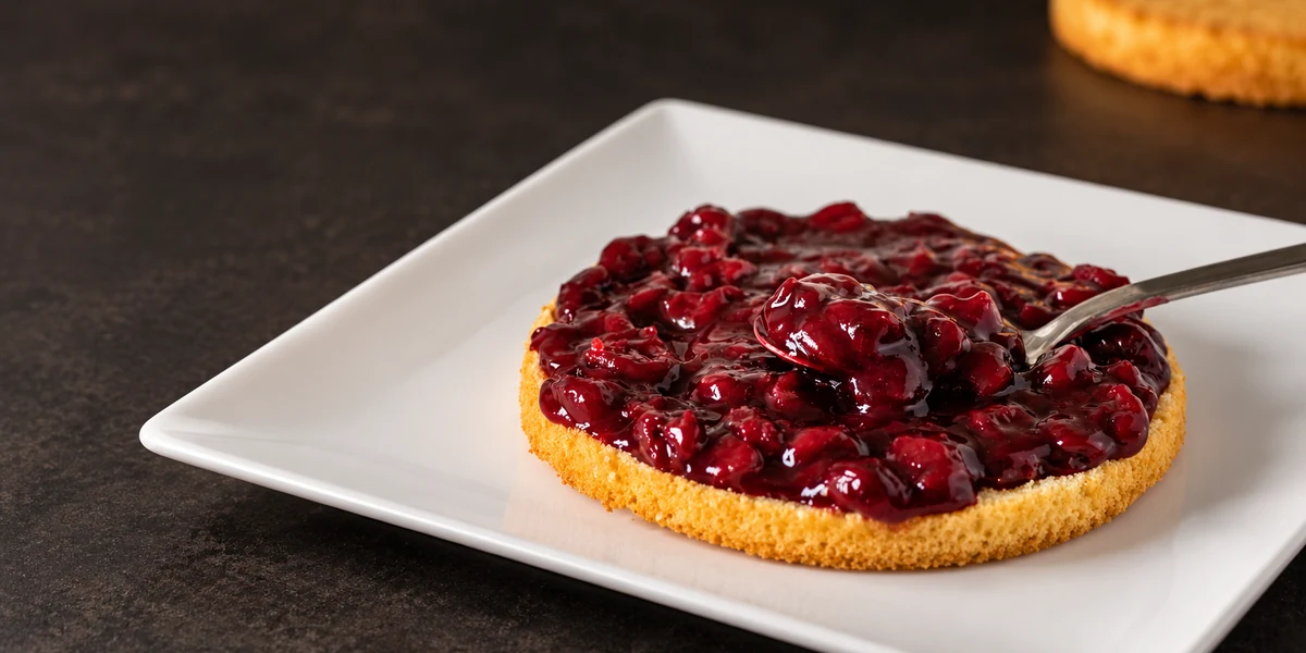 Cherry filling spread over a sponge cake layer