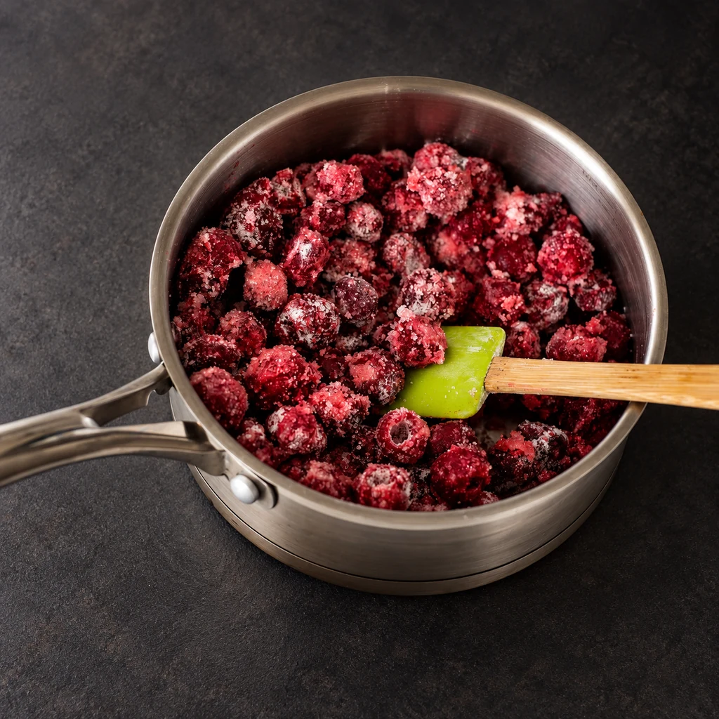 Frozen pitted cherries and sugar in a saucepan before cooking