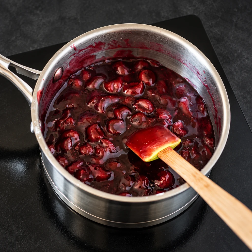 Cherry filling thickening in a saucepan with a silicone spatula