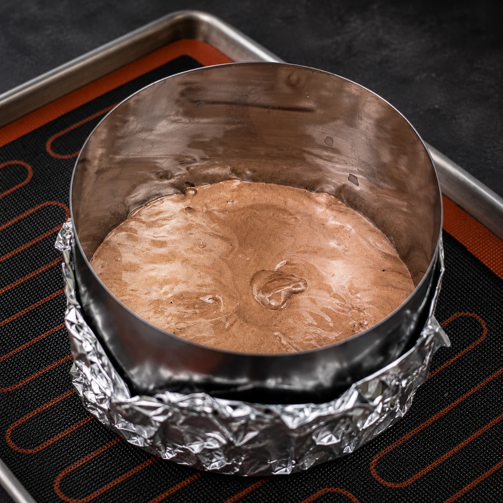 Chocolate sponge batter inside a round baking ring lined with parchment