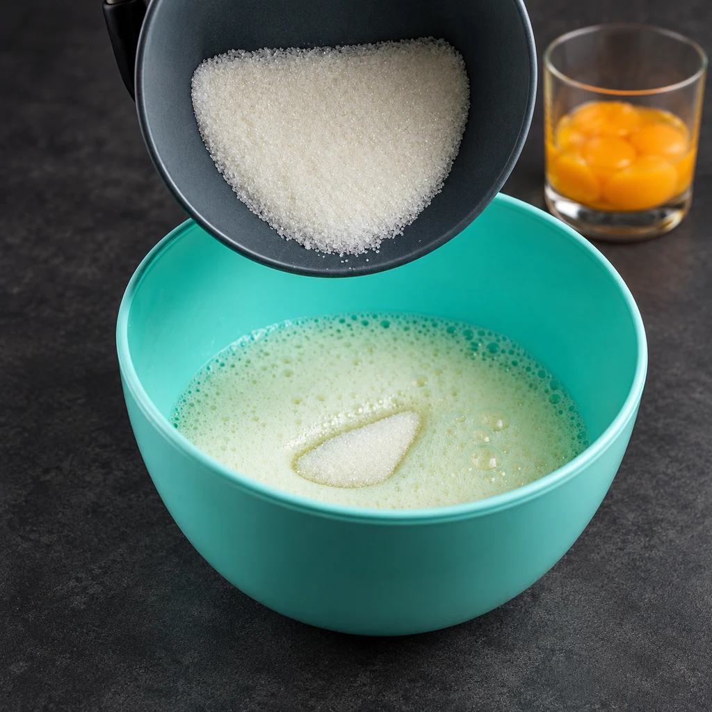 Adding sugar gradually to whipped egg whites