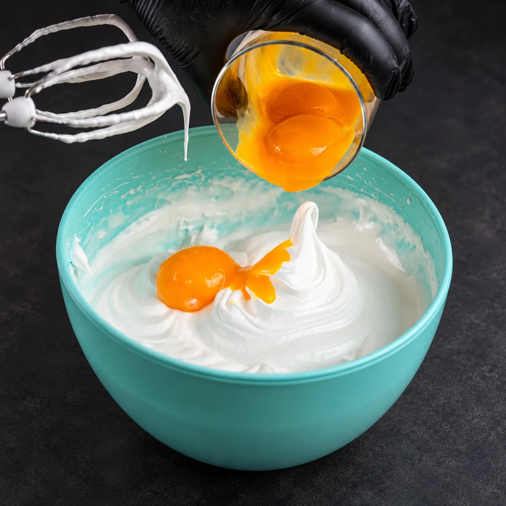 Adding egg yolks to the whipped egg-white mixture