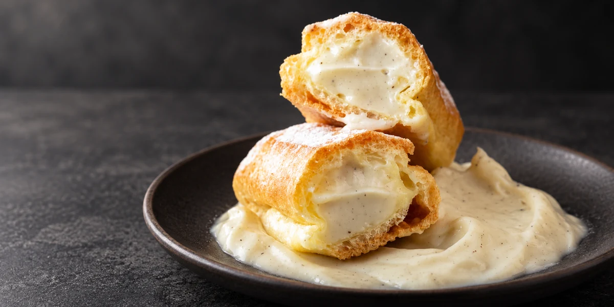 Cut eclair filled with vanilla pastry cream
