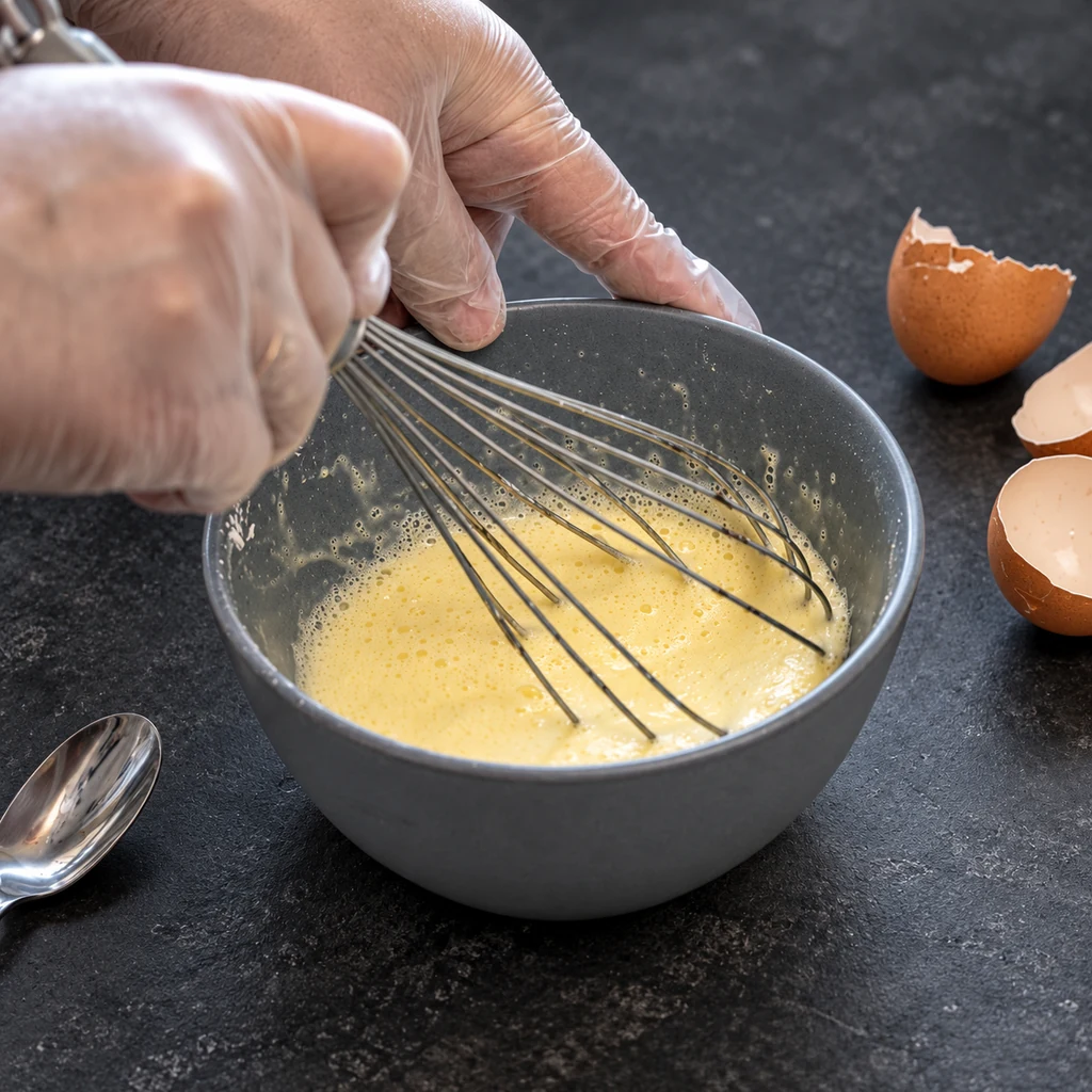 Whisking the egg mixture for vanilla pastry cream